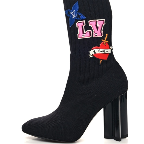 Stretch Fabric LV Black Heart Sock Ankle Boots 41 Black - Picture 1 of 5